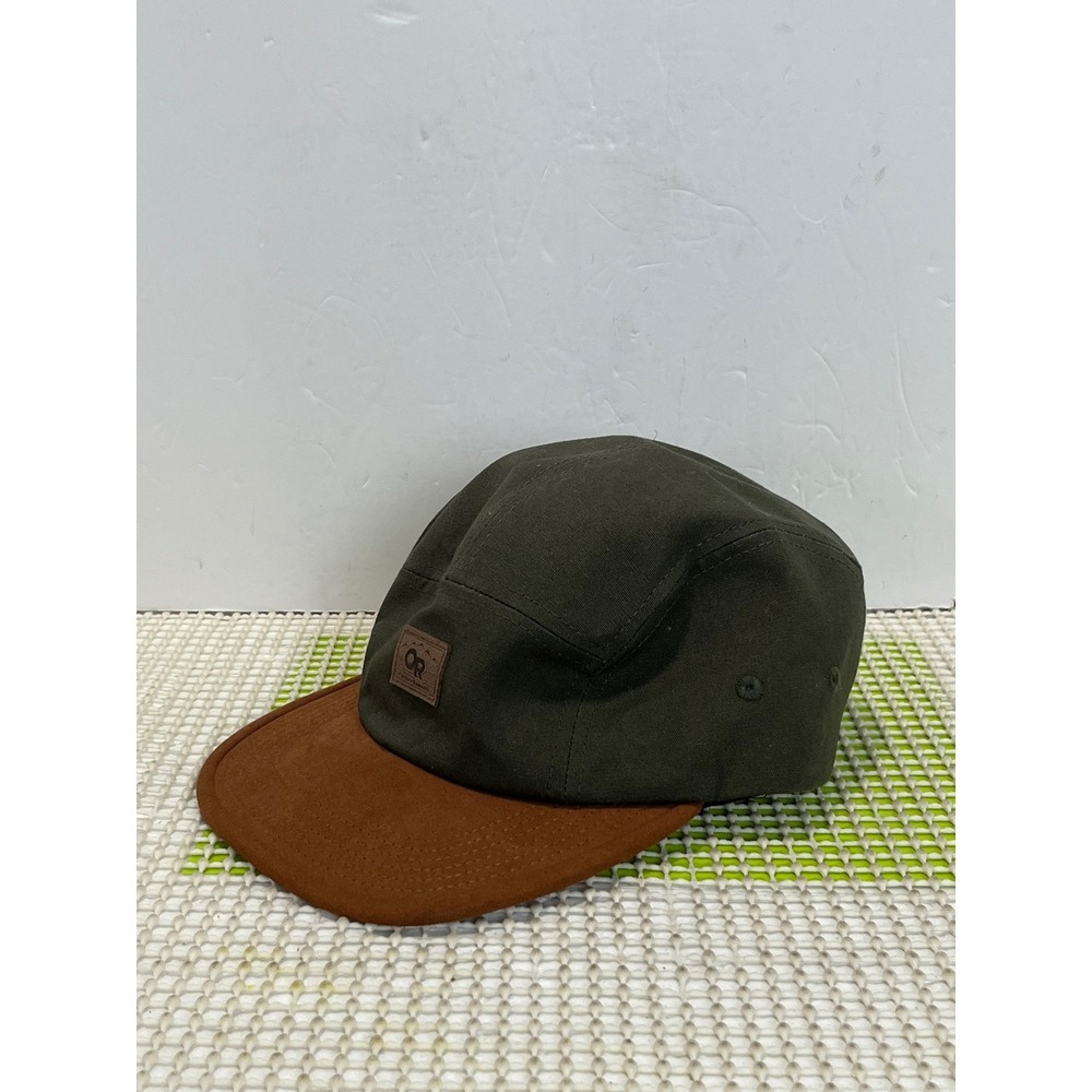 Outdoor Research 5 Panel Camper Hat Olive Green Brown Suede Brim Adjustable EUC
